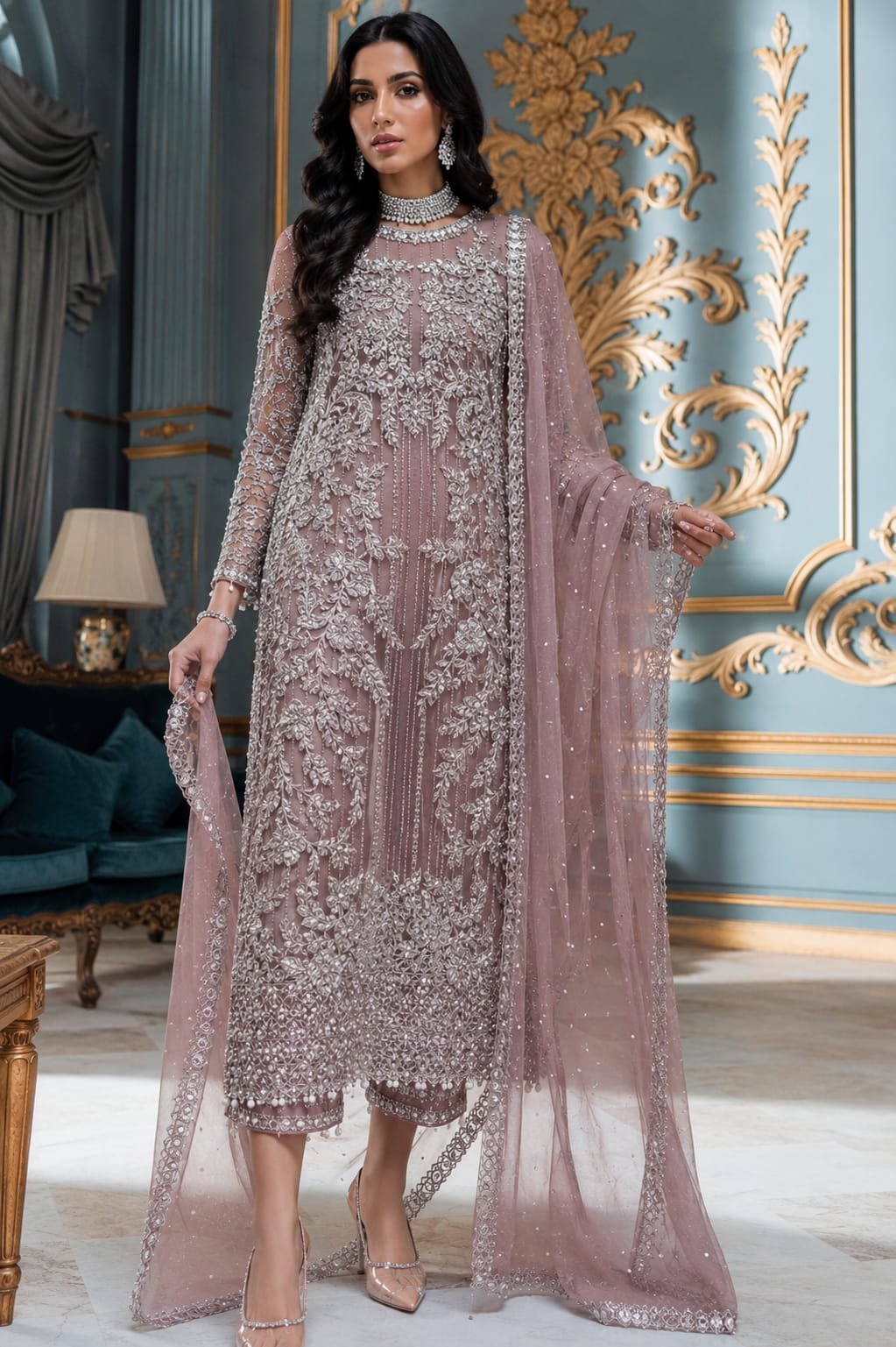 Laam Full Net Suit With Satin Silk - Dusty Pink