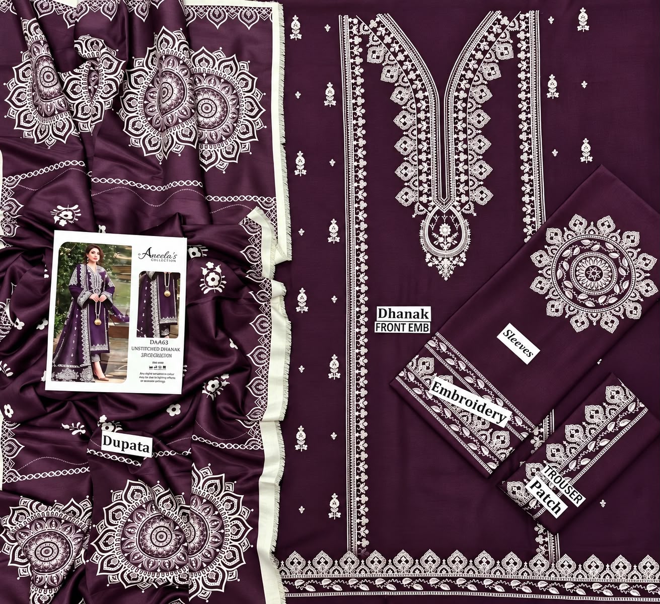 Aneelas Dhanak Embroidered 3PC Suit D#A63 - DESIGN 02