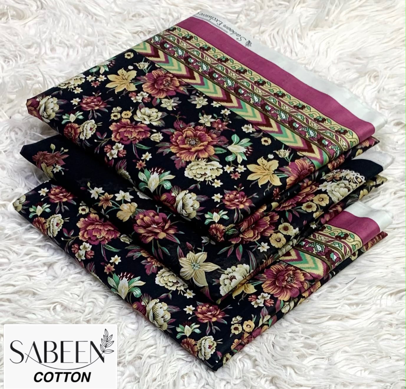 Sabeen Cotton Original 3pc - Black Floral