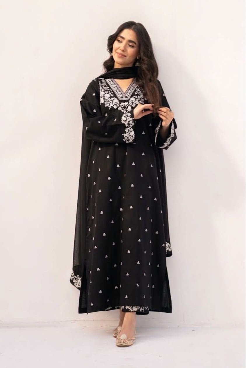 Pure Dhanak 3pc Embroidered Design 04 Black