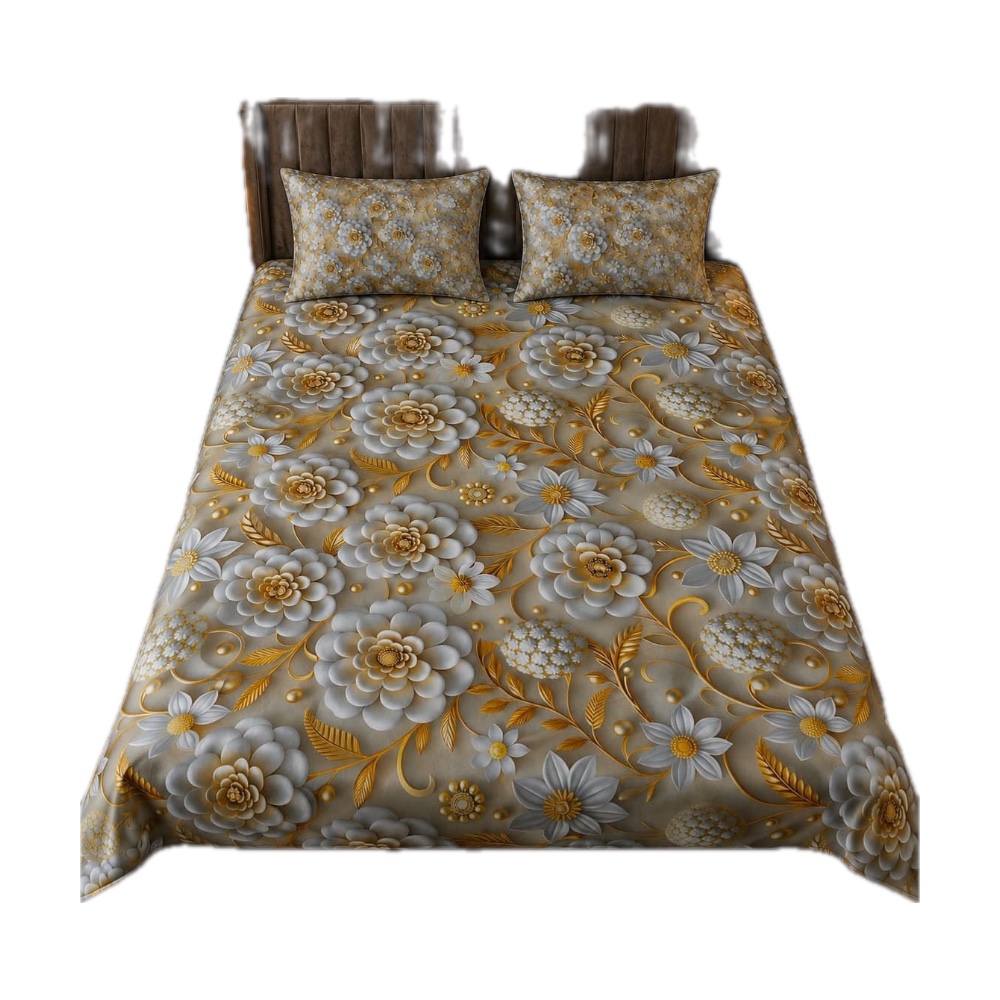 Gold & White Floral Bedsheet Set - King Size, 2 Pillow Covers (Lali's Collection)