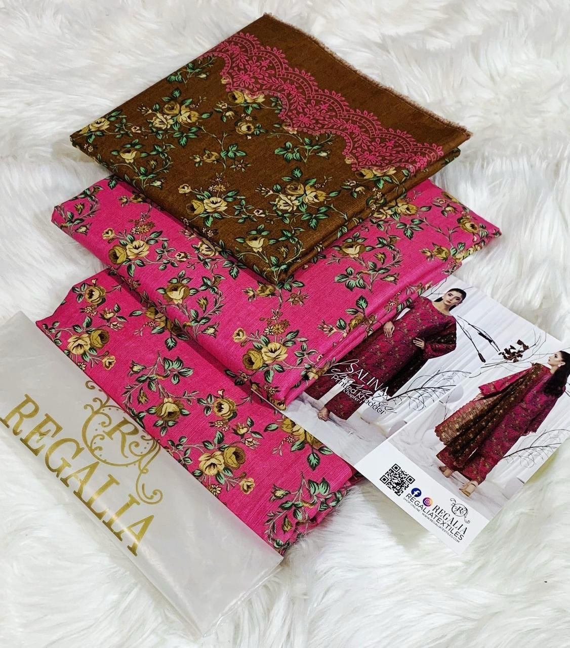Regalia Original 3pc Printed Khaddar Collection - Olive Pink