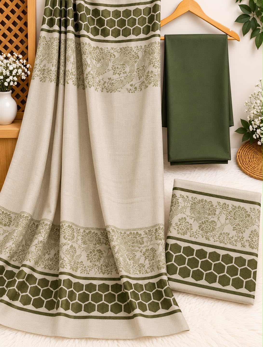 Broshia Jacquard Acrylic Pashmina Velvet Shawl With Dhanak 3pc - Olive