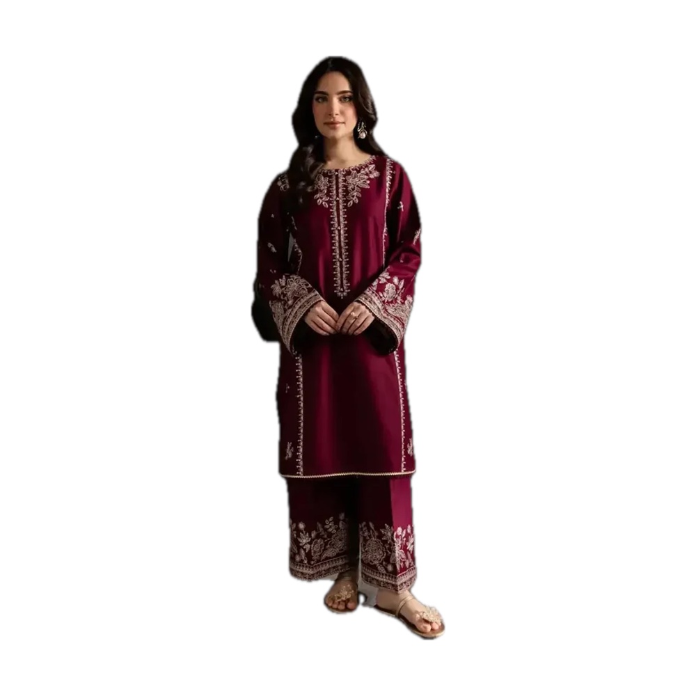 Batik Dhanak 2-Piece Suit - Maroon Embroidered