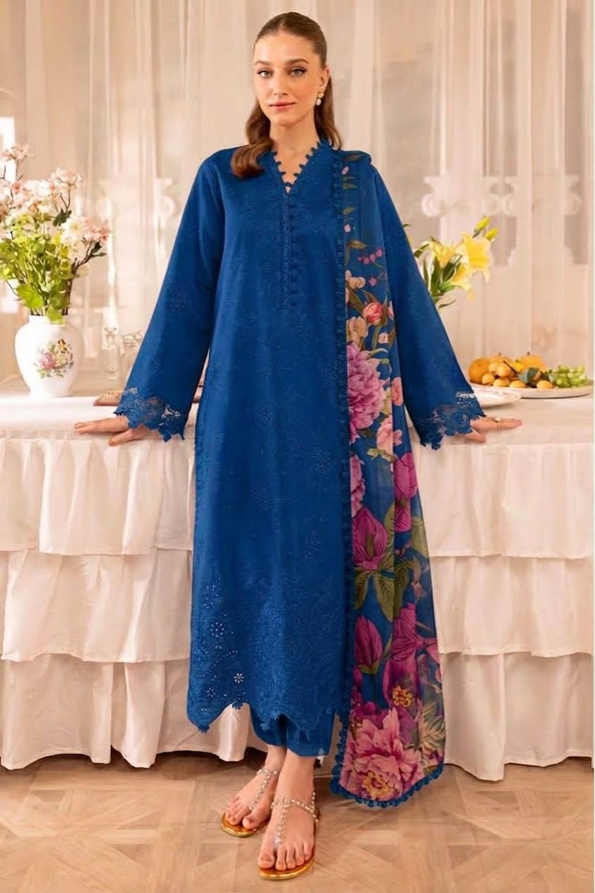 Pure Dhanak 3pc Embroidered Design 07 Royal Blue