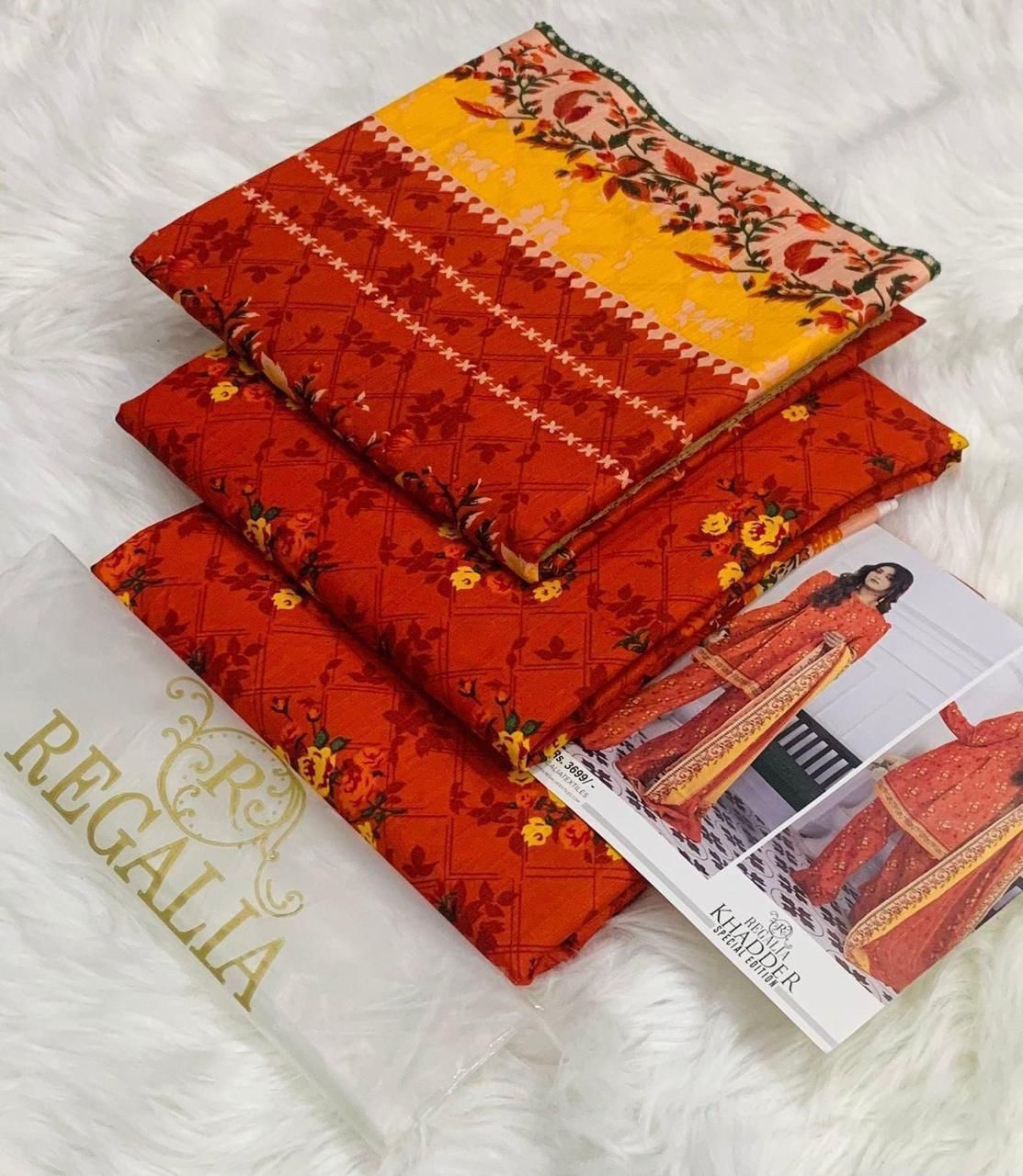 Regalia Original 3pc Printed Khaddar Collection - Orange Red