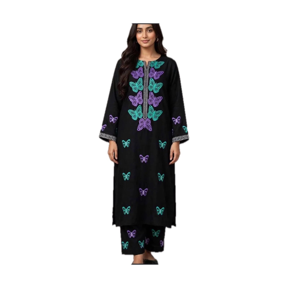 Stitched Kurti with Trouser - Black with Purple & Teal Butterfly Embroidery