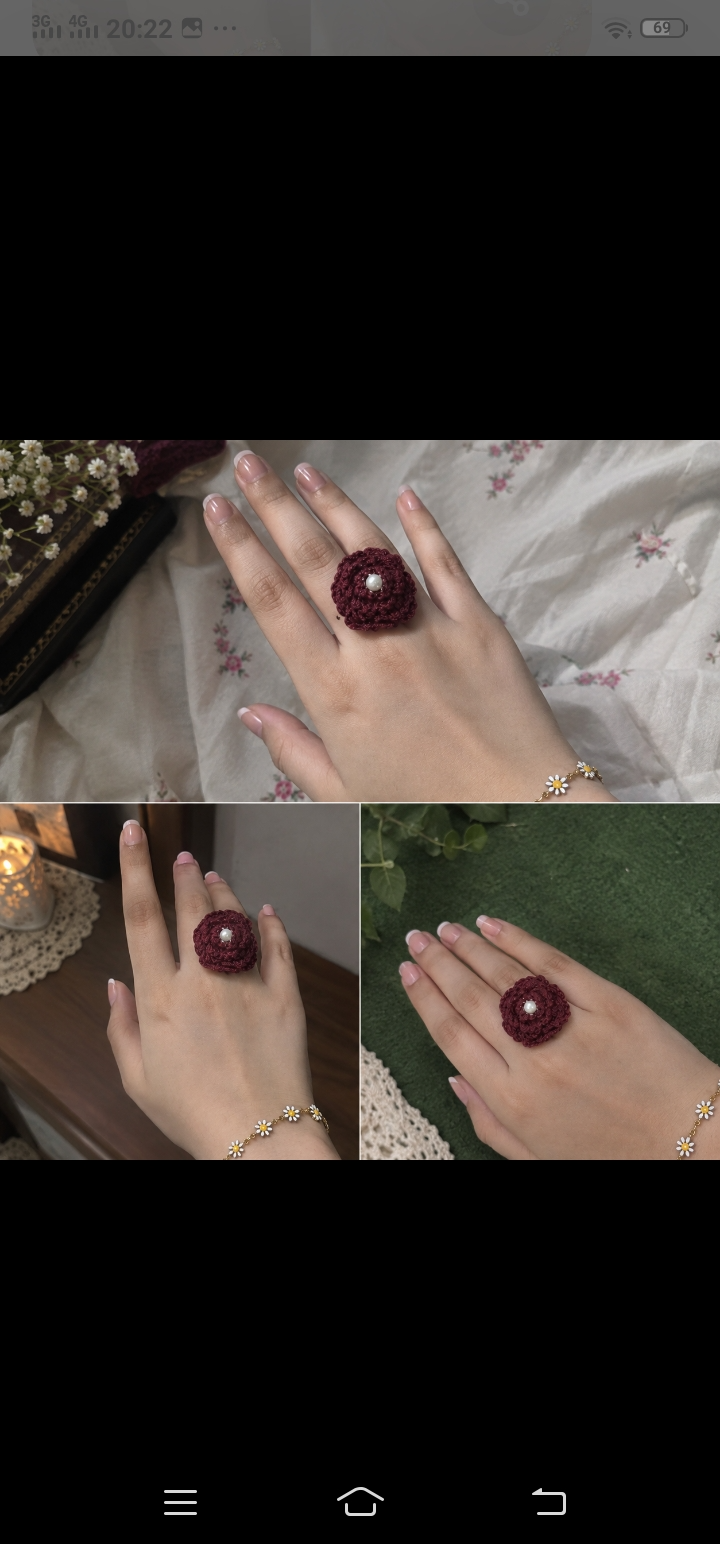 Crochet Rose Ring with Pearl - Handmade