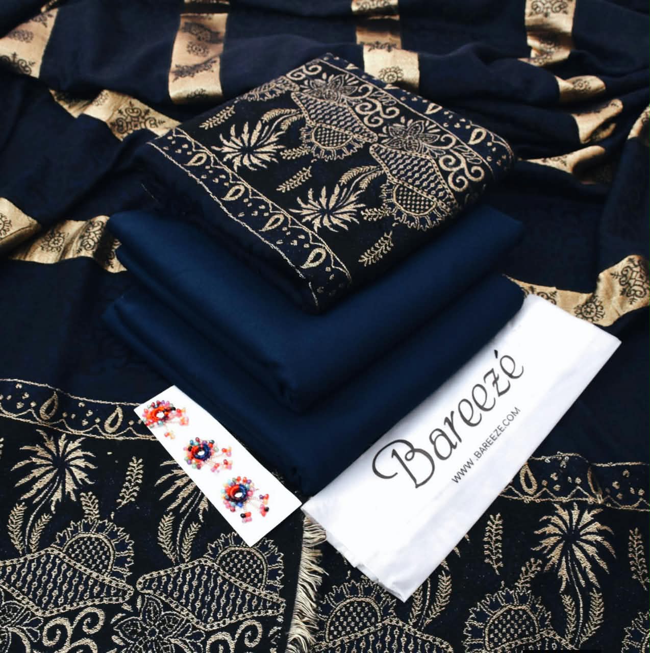 Dhanak Marina 3pc With Jacquard Pashmina 3D Shawl - Navy Blue