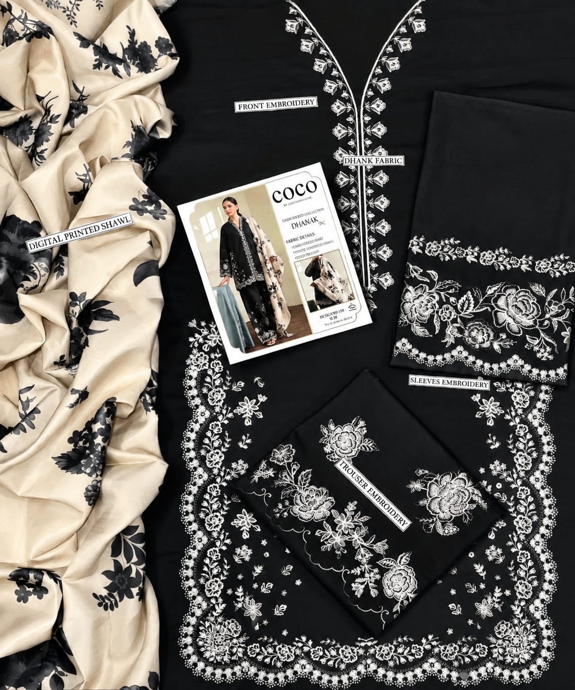 Pure Dhanak 3pc Embroidered Design 16 Black