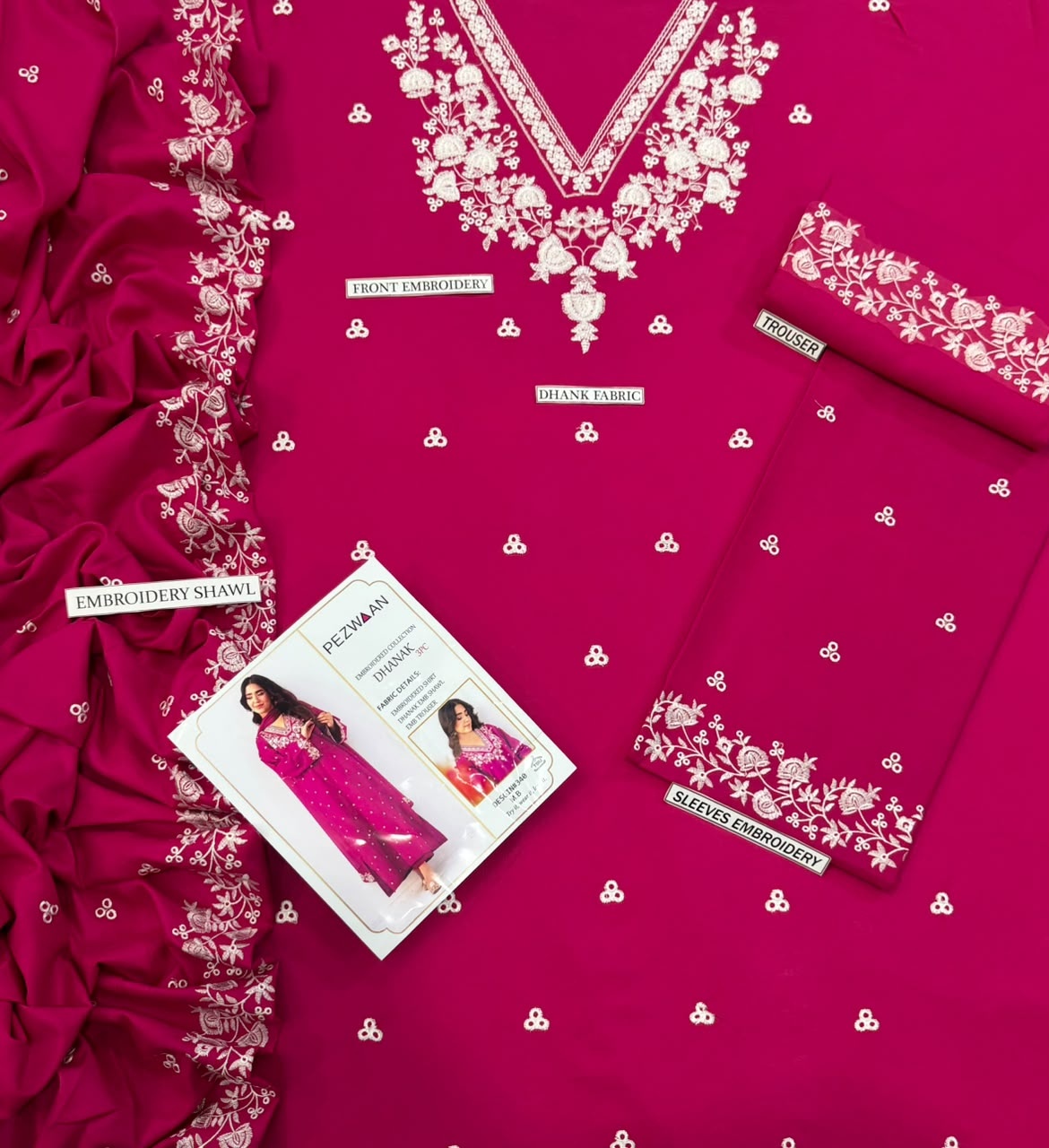 Pure Dhanak 3pc Embroidered Design 11 Magenta