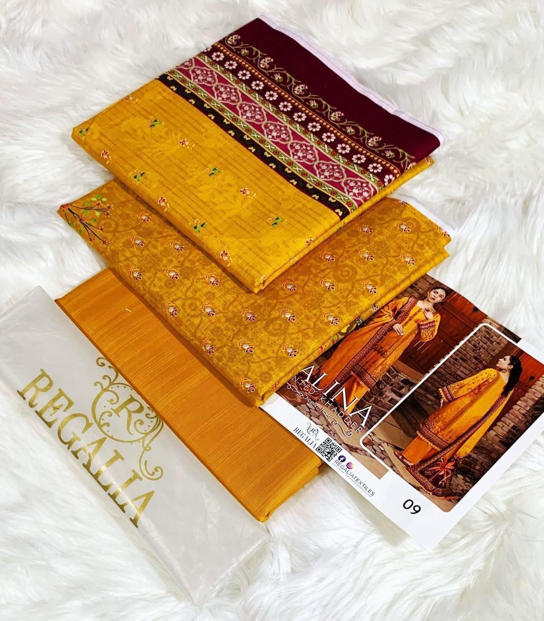 Regalia Original 3pc Printed Khaddar Collection - Mustard