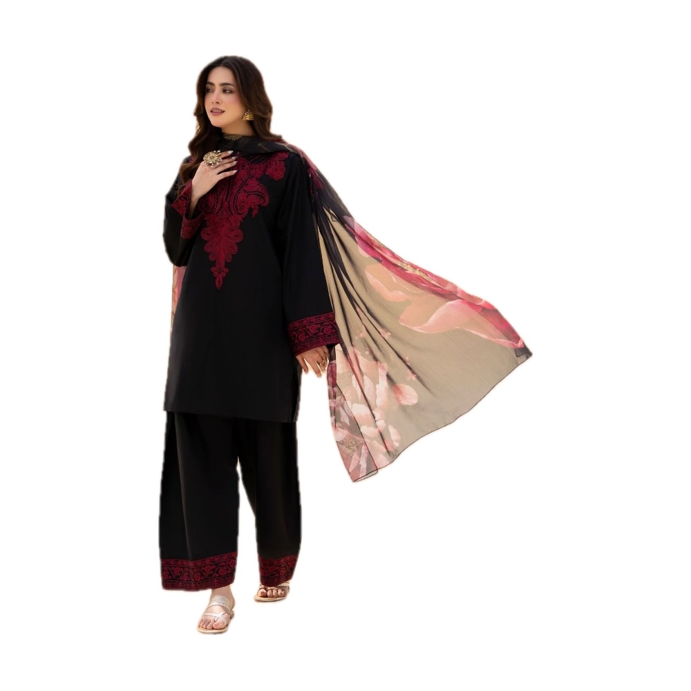 Sapphire Dhanak 3-Piece - Black with Floral Print Shawl